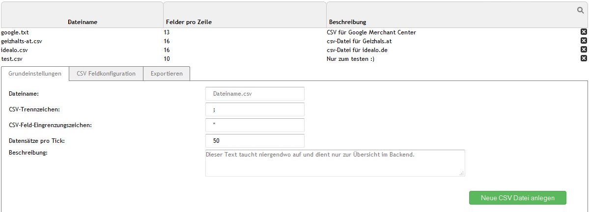 CSV-Exporter Backend Ansicht
